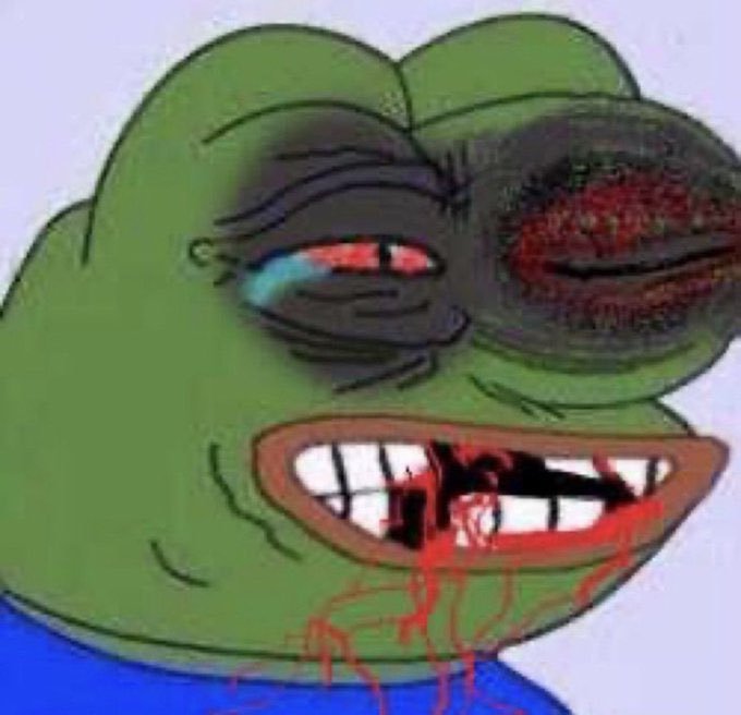 A crude drawing of the Pepe the Frog meme character depicted with a bruised and swollen eye, blood around its mouth, and dripping down its chin.