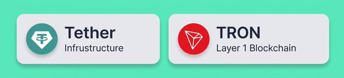 Two cryptocurrency labels displayed on a teal background: 'Tether Infrastructure' and 'TRON Layer 1 Blockchain'.