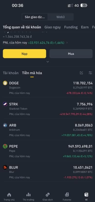 A cryptocurrency trading app screenshot in Vietnamese showing account overview with total assets of ₫1,544,258,763.36 đ, displaying holdings in tokens like DOGE, STRK, ARB, PEPE, and BLUR with their respective PNL figures.