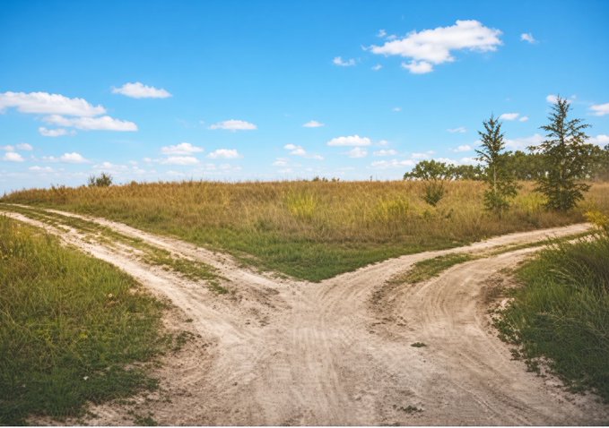 A dirt fork in the road surrounded by open grassy fields with two tall trees and a bright cloudy sky overhead, symbolizing the choice between two paths and the shifting timelines mentioned in the post. The diverging roads visually represent the idea of timelines branching in different directions, where only those who follow a new path will witness XRP's upcoming surge.