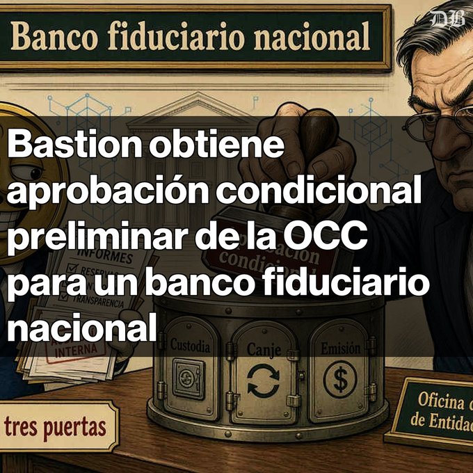An illustration of a man pressing a stamp onto a vault with three labeled doors ('Custodia', 'Canje', 'Emisión'), with Spanish text overlay reading: 'Banco fiduciario nacional' and 'Bastion obtiene aprobación condicional preliminar de la OCC para un banco fiduciario nacional.'
