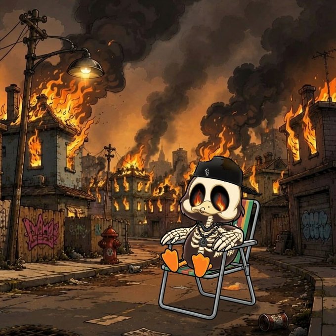 A cartoon skeleton wearing a black cap lounges in a beach chair amid a burning, graffiti-covered urban wasteland, chilling unbothered as buildings around him go up in flames—fitting the "OG Bonefire" meme contest vibe of reckless, chaotic "yuck" energy as he gets released from #Yuckjail.