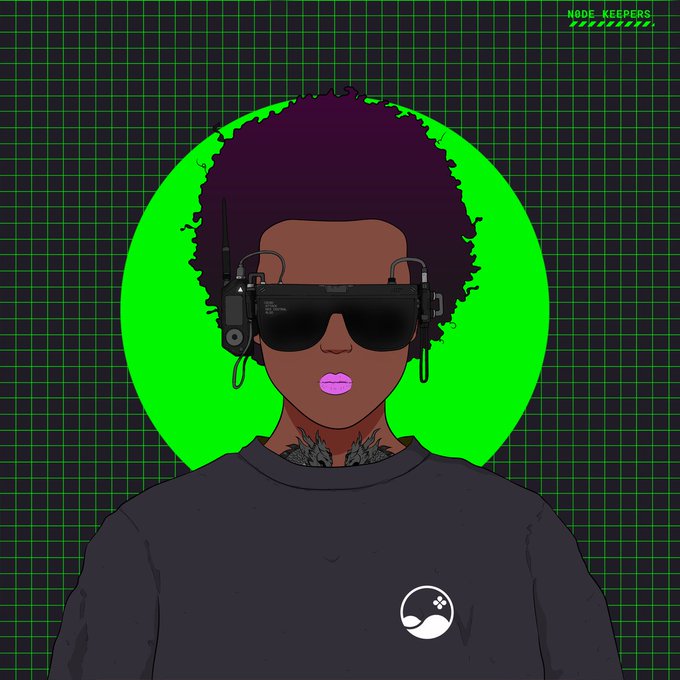 The image features a digital illustration of a young woman wearing sunglasses, a black shirt, and earphones. She has a tattoo on her neck and appears to be wearing a headset or headphones. The background of the image is green with a grid pattern. There are two posts in the image that provide information about the new documentation section: one post says "New docs section, on-chain governance and roadmap is now live! dao.polaris.city Create and vote on proposals Delegate your voting power #algorithand #gaming". The other post mentions a 5 person council has been formed and encourages users to add their ideas to the 2020 roadmap.