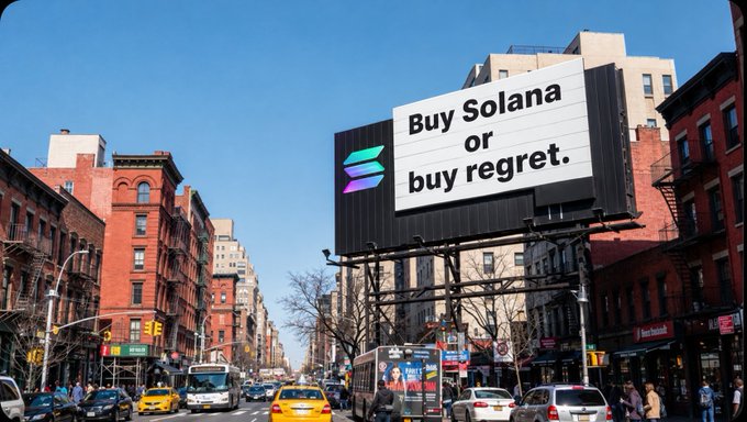 A billboard on a city street reading 'Buy Solana or buy regret.' next to the Solana logo.