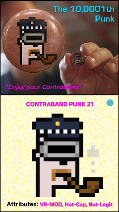 The image shows a pink button with a cartoon character holding a pipe, which appears to be a pixel art representation of a person smoking a pipe. The image also includes text that reads "The 10,000th Punks" and "Contraband Punk 21".