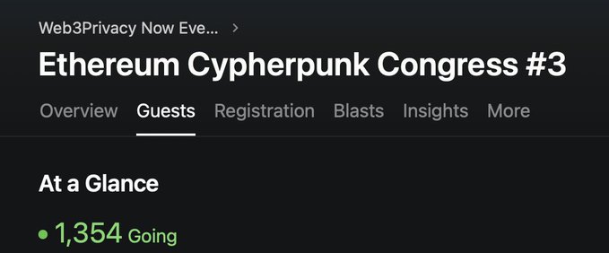 A screenshot of the "Ethereum Cypherpunk Congress #3" event page shows 1,354 "Going" attendees under the "At a Glance" section, reflecting the strong interest and registration numbers highlighted in the accompanying post.