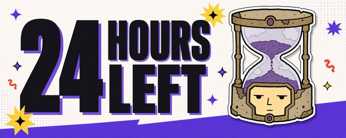 A promotional graphic with bold text reading '24 HOURS LEFT' next to an illustration of a stone hourglass filled with purple sand.