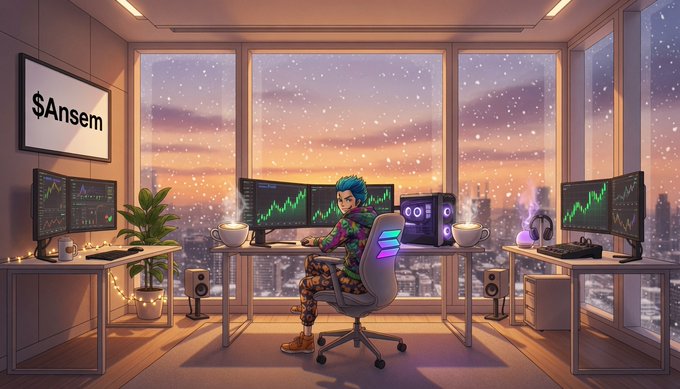 Digital illustration of a trader at a multi-monitor desk with the Solana logo displayed on screen, overlooking a cityscape at sunset with a monitor showing '$Ansem'.