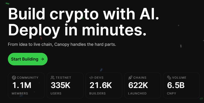 Canopy Network's landing page advertises AI-powered crypto chain deployment with the headline "Build crypto with AI. Deploy in minutes," showcasing 1.1M community members, 335K testnet users, 21.6K devs, 622K chains launched, and 6.5B CNPY volume. The image visually reinforces the post's message by highlighting Canopy's AI-native approach to simplifying Web3 infrastructure for builders.