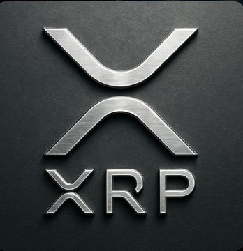 A metallic silver XRP cryptocurrency logo is embossed on a dark gray background.