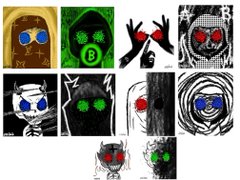 A collage of NFT-style character portraits featuring stylized heads with accessories like sunglasses, hats, and masks in vibrant neon colors against various backgrounds.