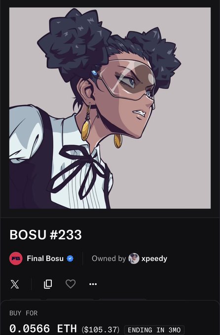 An NFT listing for "BOSU #233" features an anime-style character with dark blue hair buns and a translucent visor, priced at "0.0566 ETH ($105.37)" and owned by "xpeedy".