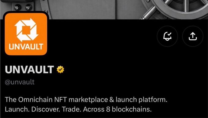 The image shows the UnVault platform's profile header featuring its orange logo and tagline "The Omnichain NFT marketplace & launch platform. Launch. Discover. Trade. Across 8 blockchains." This aligns with the accompanying post promoting a freemint NFT collection of 5000 Ethereum available on the UnVault platform, with official partners receiving whitelist allocation for Genesis Bugz.