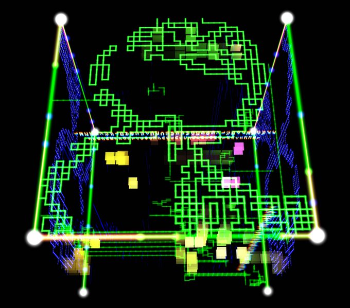 A digital artwork displaying a glowing green, wireframe cube filled with intricate circuit-like patterns and pixelated shapes on a black background. There is no legible text or numbers visible in the image, though the post references "NFTYGiFY #122 => theBLOCK #316."