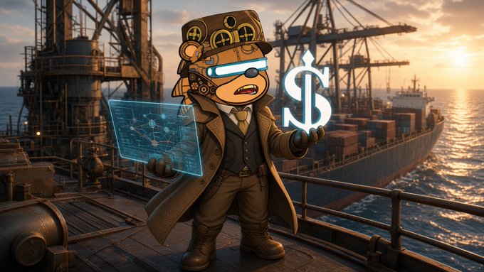 A digital illustration shows a steampunk-styled monkey character with glowing blue goggles holding a holographic display and a glowing dollar sign, set against a backdrop of a busy port at sunset.