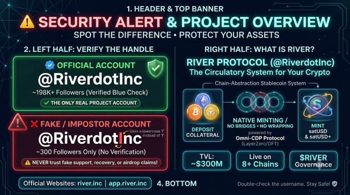 A security alert infographic from "@RiverdotInc" about the River Protocol, comparing an official verified account (~198K+ followers) with a fake imposter account (~300 followers), noting a TVL of ~$300M and support for 8+ chains.