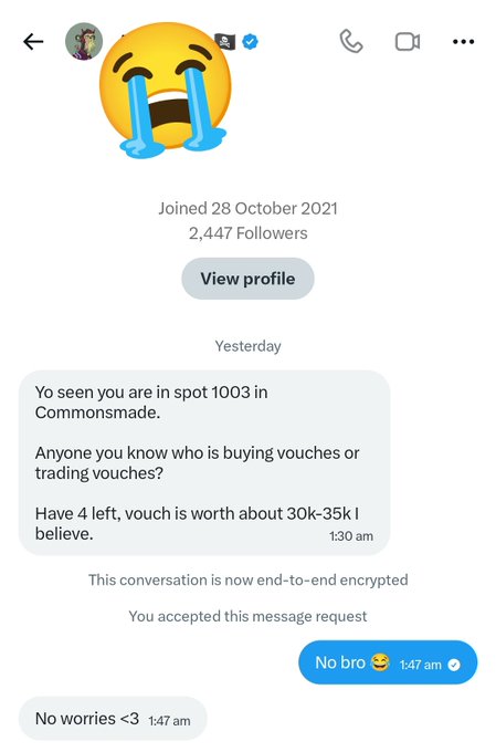 A screenshot of an encrypted Instagram DM where someone (with the sobbing emoji as profile pic) offers to buy/sell Vouches for "$30k-35k" specifically at "spot 1003 in Commonsmade," with the user replying "No bro 😎" and "No worries <3," illustrating the post's point about people DMing absurd offers like "$30K" for Vouches tied to the "$4M FDV" hype.