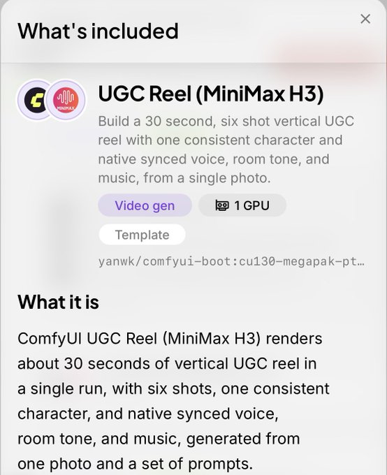 A 'What's included' description panel for 'UGC Reel (MiniMax H3)', describing a ComfyUI workflow to build a 30-second six-shot vertical UGC reel with synced voice, room tone, and music from a single photo.