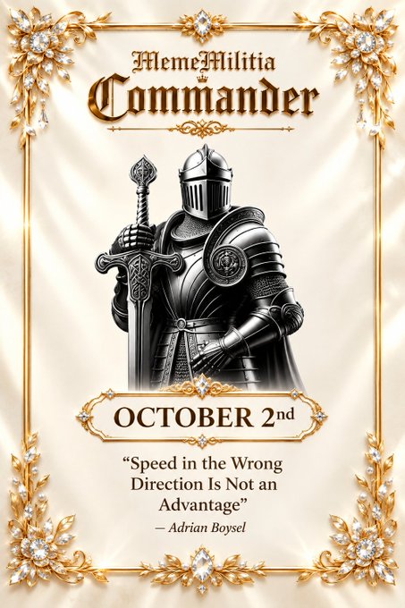 A decorative golden-framed certificate titled 'MemeMilitia Commander' dated OCTOBER 2ND, featuring a black-and-white illustration of an armored knight holding a sword, with the quote 'Speed in the Wrong Direction Is Not an Advantage' — Adrian Boysel.
