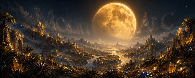 A fantasy landscape illustration depicts a glowing river valley at night, illuminated by a massive full moon and scattered golden lights among rocky terrain.