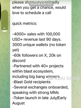 The image displays a business pitch message featuring quick metrics: "4000+ sales with 100,000 USD+ revenue last 90 days, 3000 unique wallets (no token yet), 60k followers on X, 20k on discord, Partnered with 40+ projects within blast ecosystem including big bang winner's, Blast Gold recipients, Several exchanges onboarded speaking with strong MMs, Token launch in late July/Early August." It relates to the post about Blast being a hot major public chain that shut down, suggesting this is a promotional message from a Blast project looking for partnerships.