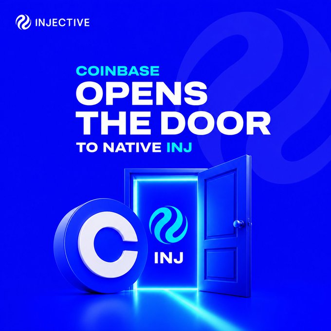 Promotional graphic for Injective (INJ) with text 'COINBASE OPENS THE DOOR TO NATIVE INJ', depicting a glowing doorway flanked by the Coinbase and INJ logos.