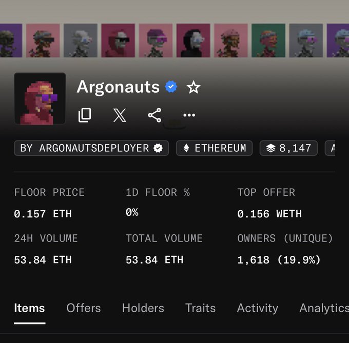 A screenshot of an NFT collection page titled 'Argonauts' by argonautsdeployer on the Ethereum blockchain, showing a floor price of 0.157 ETH and 8,147 items.