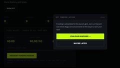 A dark-themed webpage screenshot showing a 'GET STARTED' success message, 'Reward points' set to 10, a $0.00/$1 balance, and a popup about a Discord.