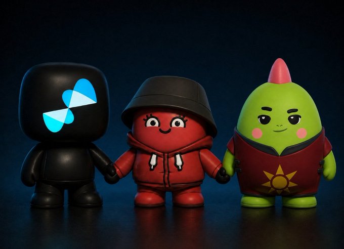 The image features three small figurines of cartoon characters standing next to each other, with one character wearing a red jacket and another wearing a green shirt. The third character has spiky hair and is wearing a black hat. The figurines are arranged in a row on a table against a dark background.