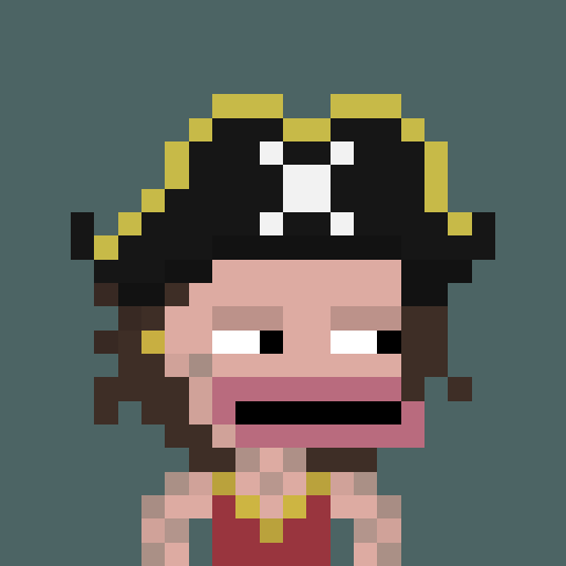 A pixel art avatar of a character with dark hair, a yellow-trimmed hat, a white eye patch, and an open mouth, set against a solid teal background.
