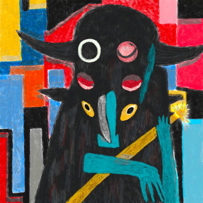 An abstract, colorful painting features a black central figure with wide eyes, multiple smaller eyes, and elongated teal limbs, set against a vibrant background of red, blue, and yellow geometric shapes.