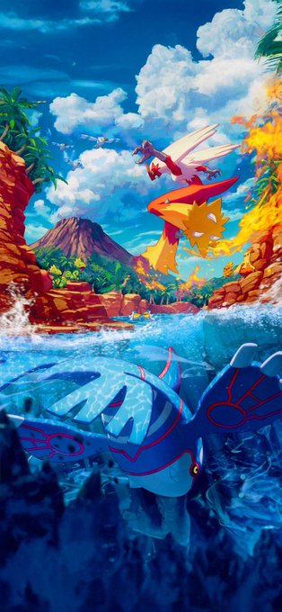 An anime-style illustration showing a yellow creature above water and a blue serpentine creature below water in a tropical setting.