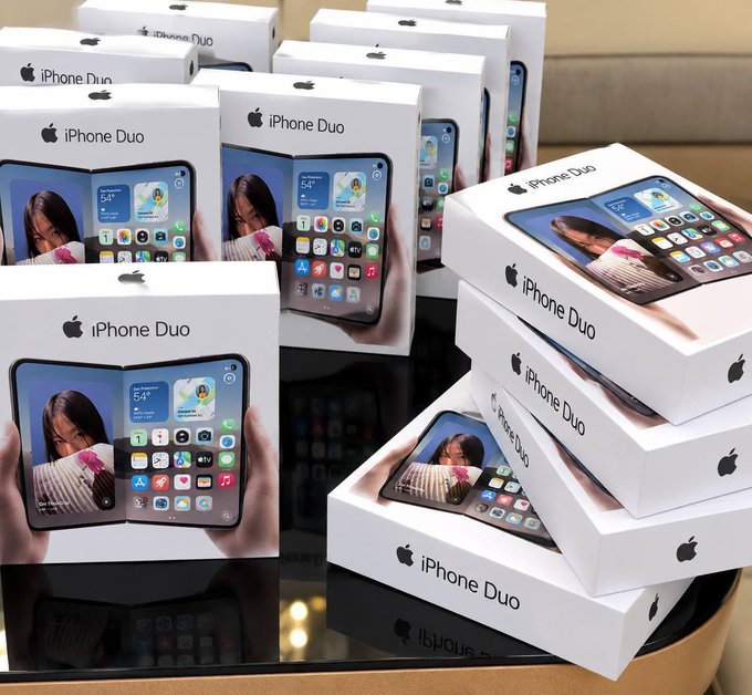 Multiple stacked Apple iPhone Duo retail boxes are displayed, with the “iPhone Duo” name and Apple logos clearly visible on the packaging. The image illustrates the giveaway of 12 iPhone Duo devices to 12 followers.