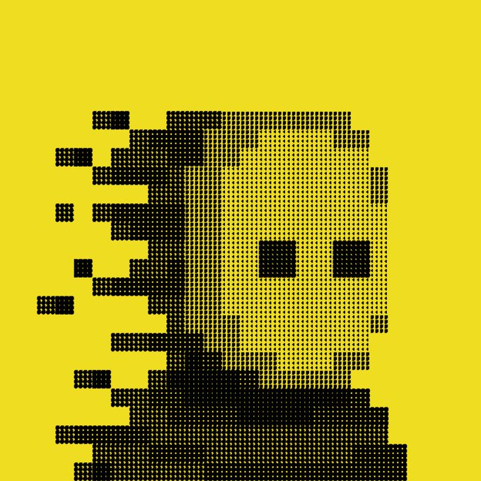A pixelated, glitching humanoid figure rendered in black halftone dots dissolves into fragmented blocks on the left, set against a vivid yellow background. The "shielded" state and $ZEC (Zcash) network context visually reinforces the image's theme of fragmented digital identity and cryptographic privacy.