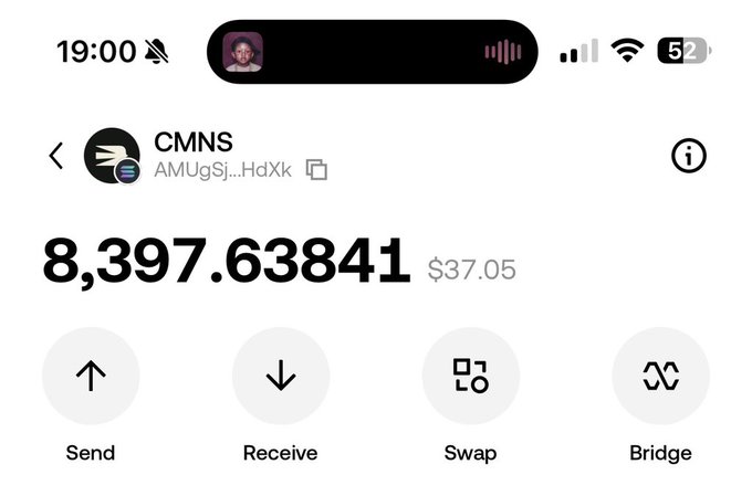 A mobile wallet screenshot shows a holdings balance of 8,397.63841 CMNS tokens valued at $37.05, with action buttons for Send, Receive, Swap, and Bridge. The image illustrates the user's claim of receiving a "stimmy" (stimulus) from the @commonsmade project, showcasing the token quantity held in their wallet with the optimistic note that it could become a 1000x gain in the future.
