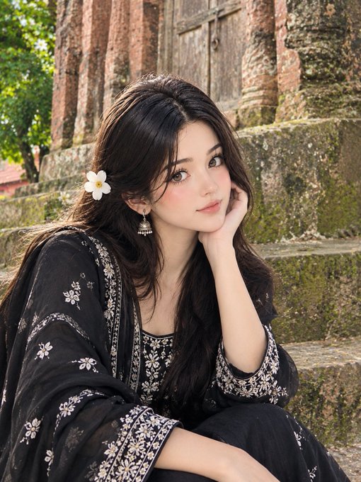A young woman with long dark hair and a white flower hair accessory poses in front of ancient stone temple ruins, wearing a black traditional outfit with silver floral embroidery.
