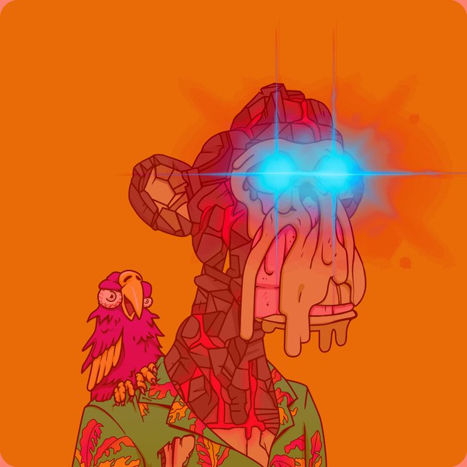 A digital illustration of a figure with cracked, stone-like skin wearing a Hawaiian shirt, with glowing blue eyes and a small red bird perched on their shoulder against an orange background.