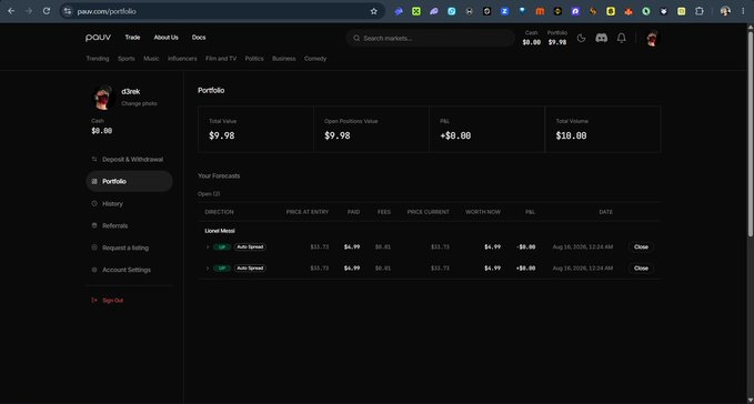 A screenshot of the pau.v portfolio page showing a $9.98 total value with two "open" forecast positions for ticker "UAV" at $10.73 entry price, both marked as spread "Auto Spread" with a +$0.00 P&L on a $10.00 volume, as referenced in the original post.

The image illustrates the practical result of the steps described in the post — showing the user's funded PAUV portfolio after creating an account and opening real-money positions, reinforcing the tutorial's message.