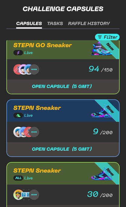 The image shows a list of three different types of sneakers displayed on a website or app screen. The first sneaker has a green color with white text, while the second one features blue and pink colors. The third sneaker displays purple and black hues. The caption reads "StepN Go Sneaker", which is likely related to the challenge capsules feature in this image. Based on the available information, it seems that you should pick the green sneaker from the list of options displayed.