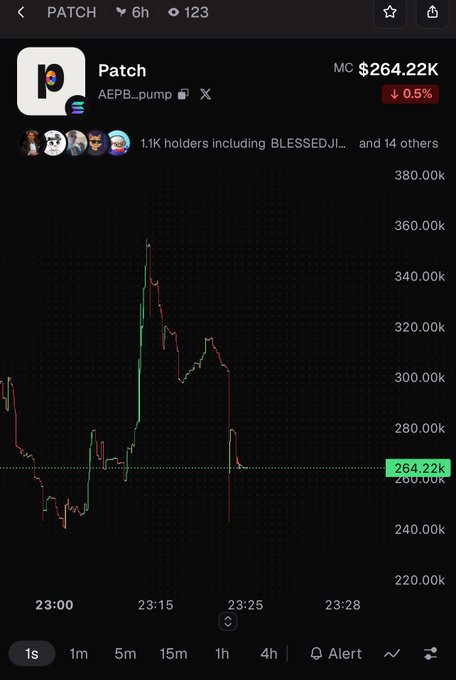 A Dexscreener chart for the token 'Patch' (AEPB...pump) showing a volatile price action with the current market cap at $264.22K and a slight 0.5% decline.