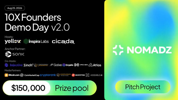 A promotional banner for '10X Founders Demo Day v2.0' dated Aug 25, 2026, hosted by Yellow, Inspira Labs, and Cicada, featuring a $150,000 prize pool and NOMADZ logo.
