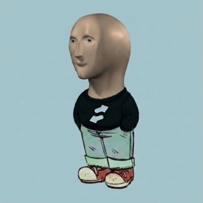 A 3D-rendered "Stonks" meme character with a smooth bald head, wearing a black shirt and jeans, stands against a blue background, embodying the resilient meme culture referenced in the lyrics of holding "$STONK" through market highs and lows.