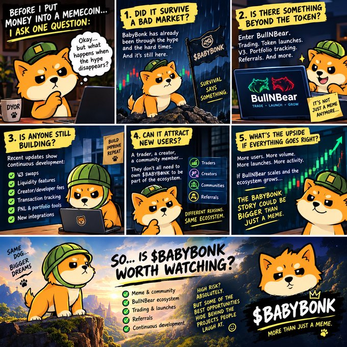 A comic-style infographic titled 'Before I put money into a memecoin, I ask one question' featuring a Shiba Inu dog mascot and explaining the $BABYBONK token, referencing BullBear Trading and DYOR.