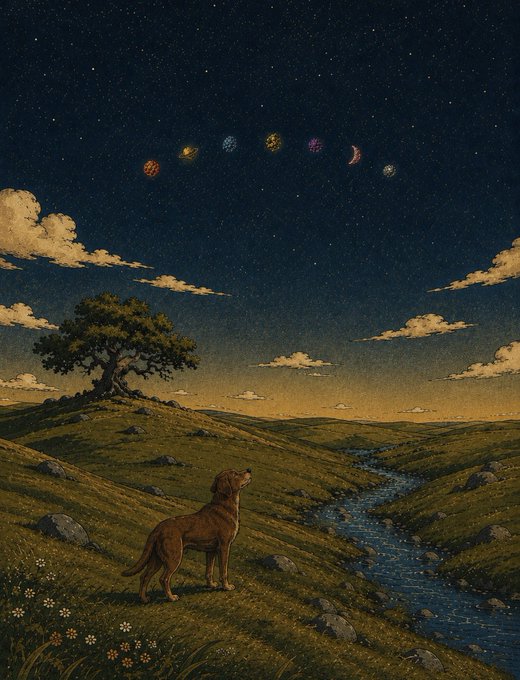 A golden-furred dog gazes up at an arc of nine glowing celestial orbs suspended in a starry night sky above a rolling meadow with a lone tree and winding stream, evoking the mythic launch of the "Pawtheon" and the magical first howl of the Doginal Dogs saga.