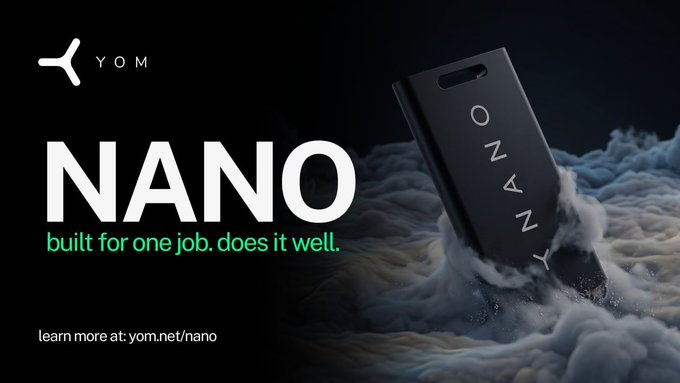 An advertisement for YOM's "NANO" device features a sleek black hardware unit emerging from frothy waves, with the tagline "built for one job. does it well." and a link to yom.net/nano. The image relates to the post announcing that the YOM NANO shipping commenced on July 31, with units hand-delivered to Freshminers in Soest.
