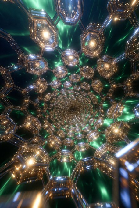 Abstract digital art featuring a complex, repeating geometric pattern of hexagonal structures with golden lights and green glowing tunnels creating a sense of infinite depth.