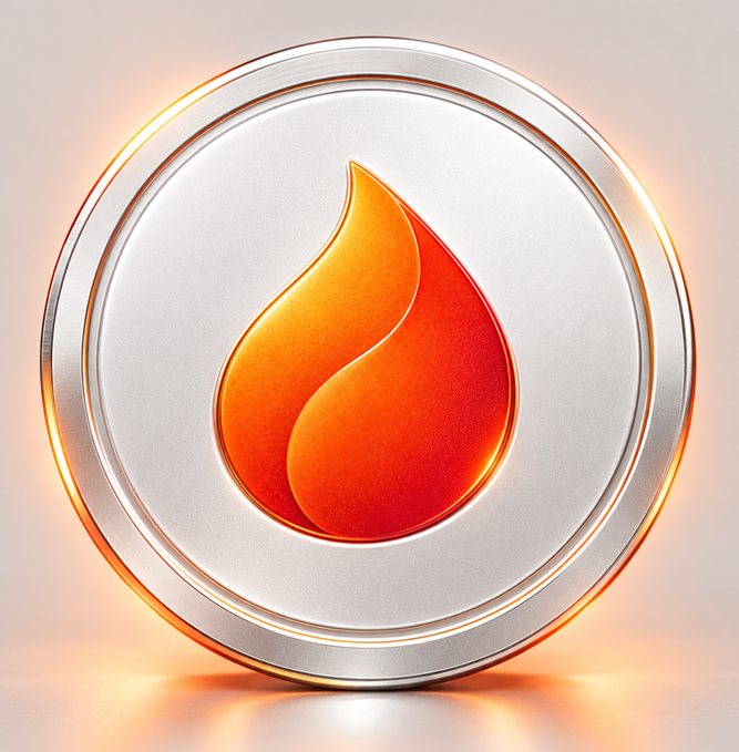 A 3D rendering of a silver coin featuring an orange and red flame design in its center.