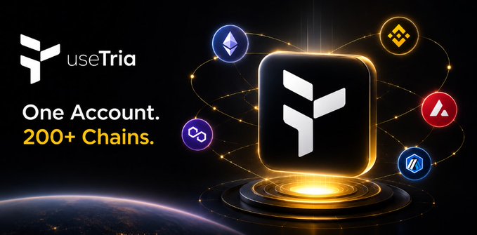 The image features a poster for a cryptocurrency called @useTria. The poster includes various logos and icons related to cryptocurrency and blockchain technology. It also displays text that promotes the use of Tria, emphasizing its ease of use compared to traditional methods like wallets or banks.