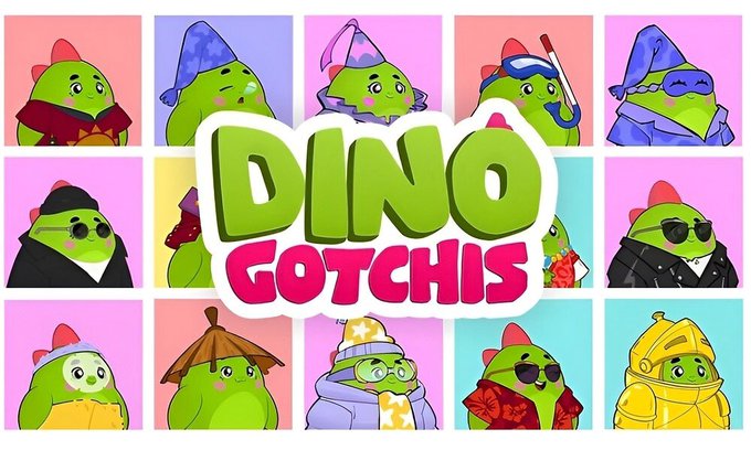 A promotional graphic for 'DINO GOTCHIS' featuring a grid of cute green dinosaur-like characters in various outfits including wizard hats, sunglasses, and traditional Asian clothing against pastel pink and blue backgrounds.