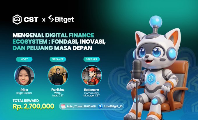 The image features a cartoon cat sitting in an office chair while holding a microphone, surrounded by three people who appear to be speakers at a conference or event. The background of the image has a blue color with white text that reads "Mengenal Digital Finance Ecosystem: Foundations, Innovations, and Future Opportunities Got questions? Drop them in the comments with #TanyaCST (max 3 questions). Total". This suggests that there is an ongoing discussion or presentation related to digital finance.